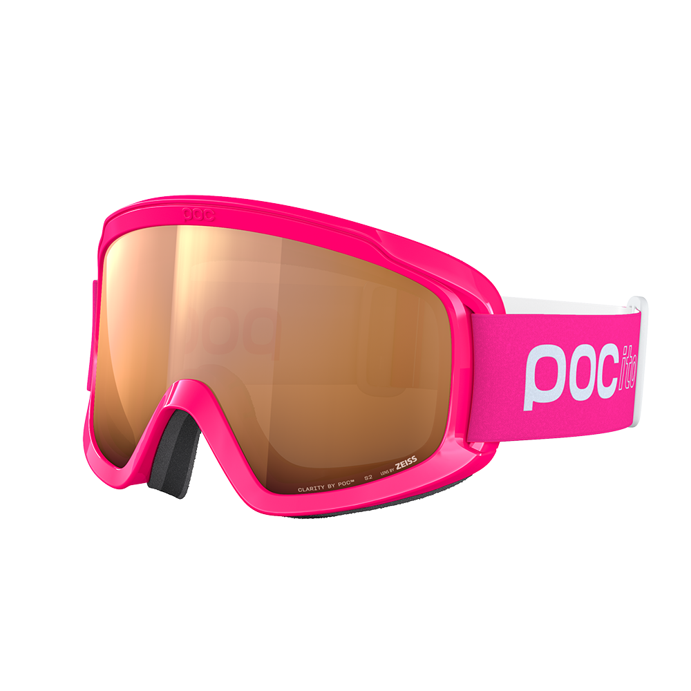 Front view of a pair of pink POC POCito Opsin Jr Goggles featuring a flexible fluorescent polyurethane frame, non-mirror cylindrical double lens, triple-layer face foam, and a reflective helmet strap with internal silicone grip.
