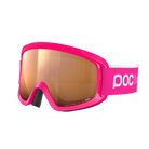 Front view of a pair of pink POC POCito Opsin Jr Goggles featuring a flexible fluorescent polyurethane frame, non-mirror cylindrical double lens, triple-layer face foam, and a reflective helmet strap with internal silicone grip.