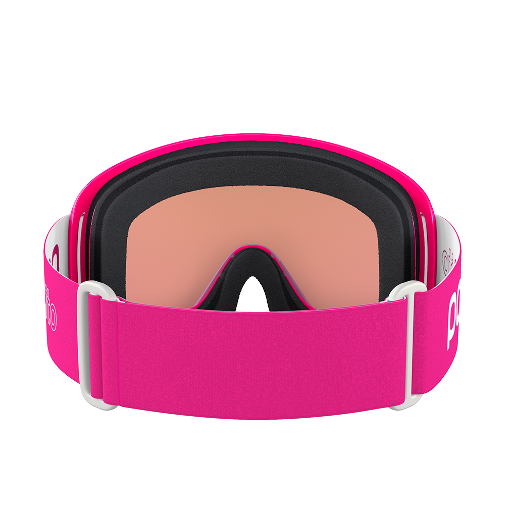 Rear view of a pair of pink POC POCito Opsin Jr Goggles featuring a flexible fluorescent polyurethane frame, non-mirror cylindrical double lens, triple-layer face foam, and a reflective helmet strap with internal silicone grip.