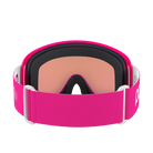 Rear view of a pair of pink POC POCito Opsin Jr Goggles featuring a flexible fluorescent polyurethane frame, non-mirror cylindrical double lens, triple-layer face foam, and a reflective helmet strap with internal silicone grip.