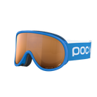 Side view of a pair of blue POC POCito Retina Jr Goggles featuring a flexible fluorescent polyurethane frame, cylindrical double lens, triple-layer face foam, and a reflective helmet strap with internal silicone grip.