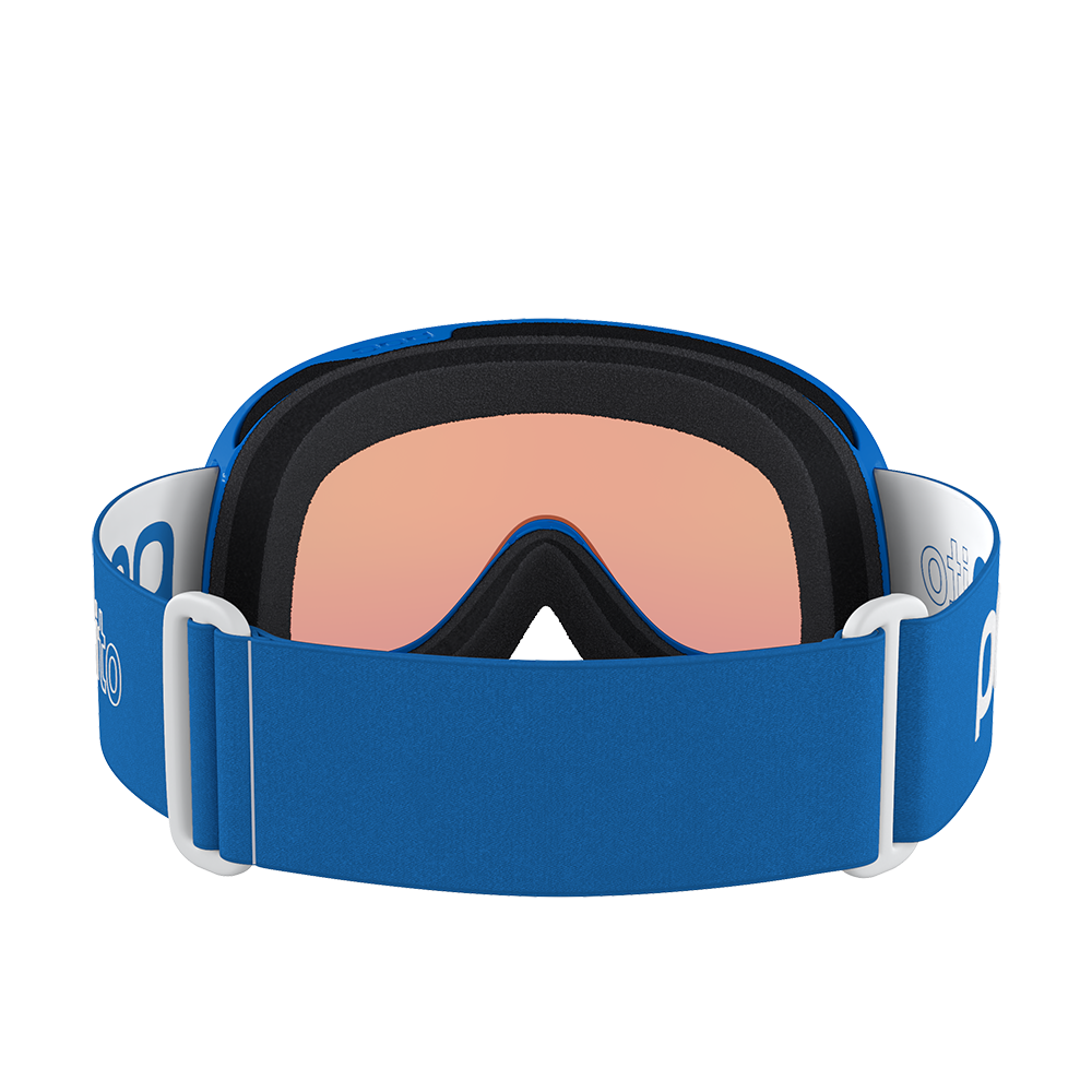 Rear view of a pair of blue POC POCito Retina Jr Goggles featuring a flexible fluorescent polyurethane frame, cylindrical double lens, triple-layer face foam, and a reflective helmet strap with internal silicone grip.