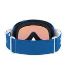 Rear view of a pair of blue POC POCito Retina Jr Goggles featuring a flexible fluorescent polyurethane frame, cylindrical double lens, triple-layer face foam, and a reflective helmet strap with internal silicone grip.