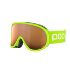 Side view of a pair of green POC POCito Retina Jr Goggles featuring a flexible fluorescent polyurethane frame, cylindrical double lens, triple-layer face foam, and a reflective helmet strap with internal silicone grip.