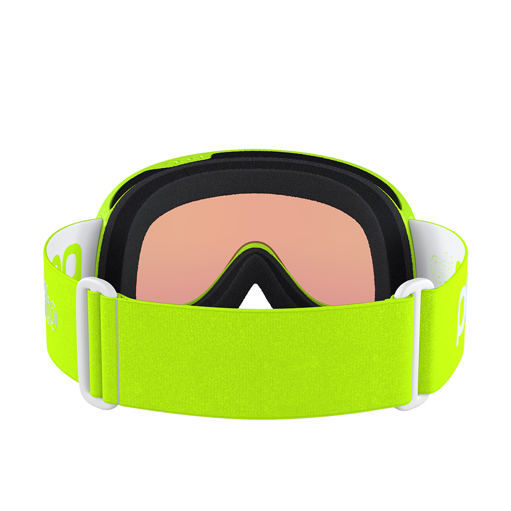 Rear view of a pair of green POC POCito Retina Jr Goggles featuring a flexible fluorescent polyurethane frame, cylindrical double lens, triple-layer face foam, and a reflective helmet strap with internal silicone grip.