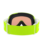 Rear view of a pair of green POC POCito Retina Jr Goggles featuring a flexible fluorescent polyurethane frame, cylindrical double lens, triple-layer face foam, and a reflective helmet strap with internal silicone grip.