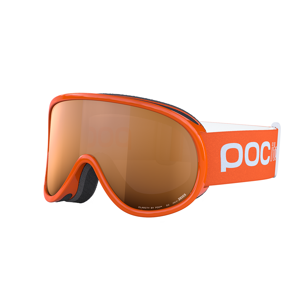 Side view of a pair of orange POC POCito Retina Jr Goggles featuring a flexible fluorescent polyurethane frame, cylindrical double lens, triple-layer face foam, and a reflective helmet strap with internal silicone grip.