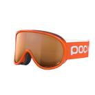 Side view of a pair of orange POC POCito Retina Jr Goggles featuring a flexible fluorescent polyurethane frame, cylindrical double lens, triple-layer face foam, and a reflective helmet strap with internal silicone grip.