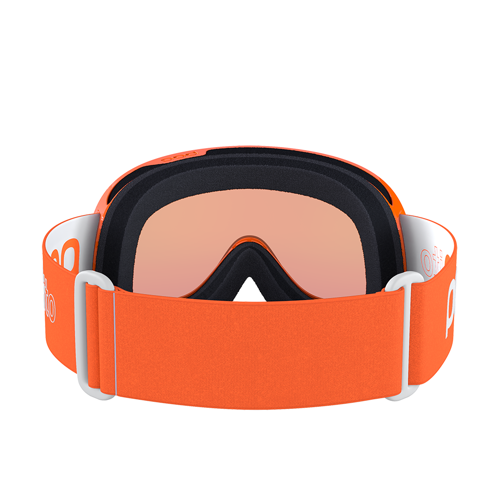 Rear view of a pair of orange POC POCito Retina Jr Goggles featuring a flexible fluorescent polyurethane frame, cylindrical double lens, triple-layer face foam, and a reflective helmet strap with internal silicone grip.