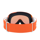 Rear view of a pair of orange POC POCito Retina Jr Goggles featuring a flexible fluorescent polyurethane frame, cylindrical double lens, triple-layer face foam, and a reflective helmet strap with internal silicone grip.