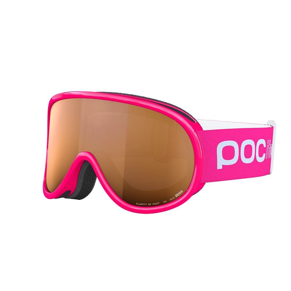 Side view of a pair of pink POC POCito Retina Jr Goggles featuring a flexible fluorescent polyurethane frame, cylindrical double lens, triple-layer face foam, and a reflective helmet strap with internal silicone grip.