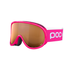 Side view of a pair of pink POC POCito Retina Jr Goggles featuring a flexible fluorescent polyurethane frame, cylindrical double lens, triple-layer face foam, and a reflective helmet strap with internal silicone grip.