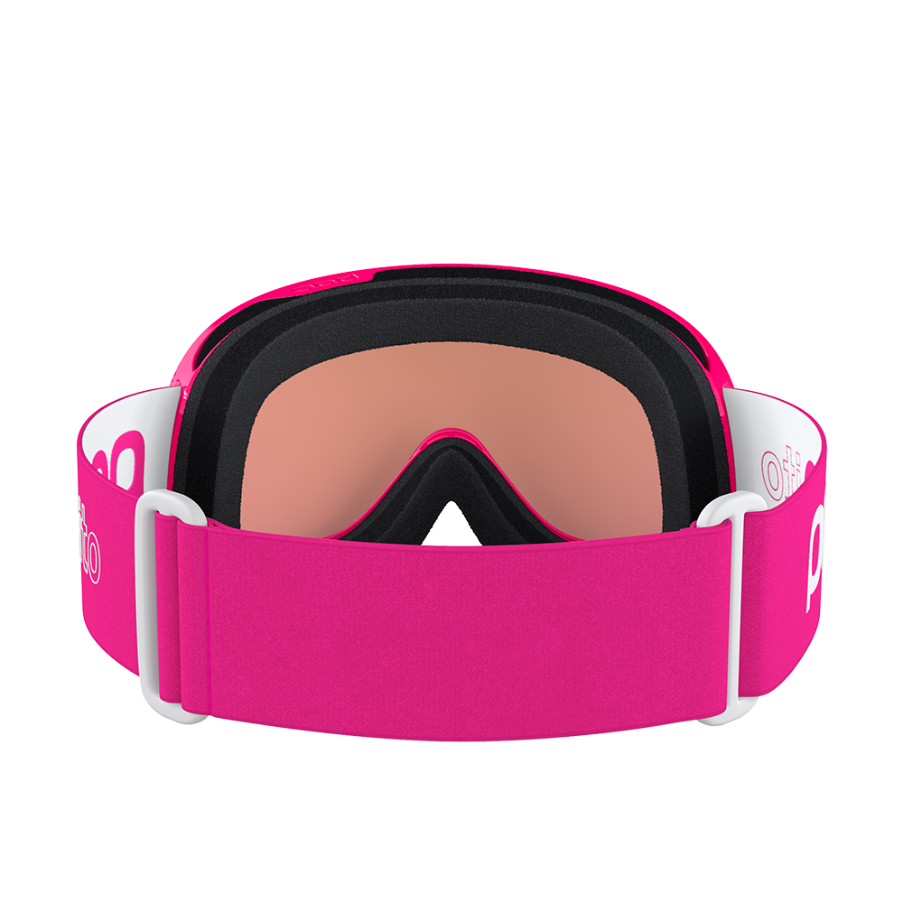 Rear view of a pair of pink POC POCito Retina Jr Goggles featuring a flexible fluorescent polyurethane frame, cylindrical double lens, triple-layer face foam, and a reflective helmet strap with internal silicone grip.
