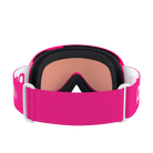 Rear view of a pair of pink POC POCito Retina Jr Goggles featuring a flexible fluorescent polyurethane frame, cylindrical double lens, triple-layer face foam, and a reflective helmet strap with internal silicone grip.