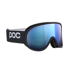 Black POC Retina Mid ski goggles that feature a blue anti-fog lens.