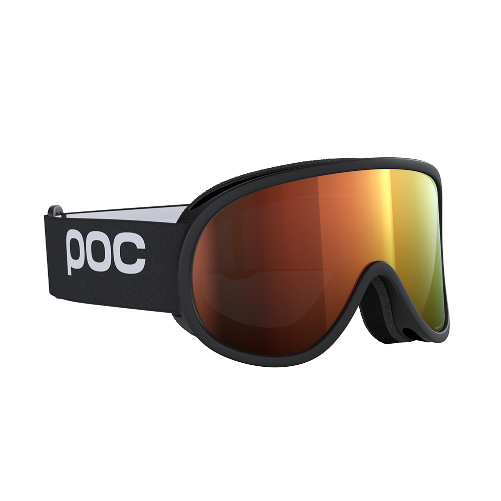 Black POC Retina Mid ski goggles that feature an orange anti-fog lens.