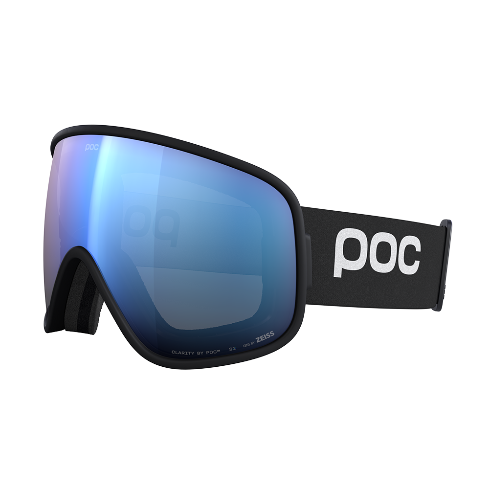 Side view of a black POC Vitrea Mid Ski Goggles featuring a shallow-angle toric Clarity lens, quick-change magnetic lens release mechanisms, dual-material frame, and triple-layer face foam.