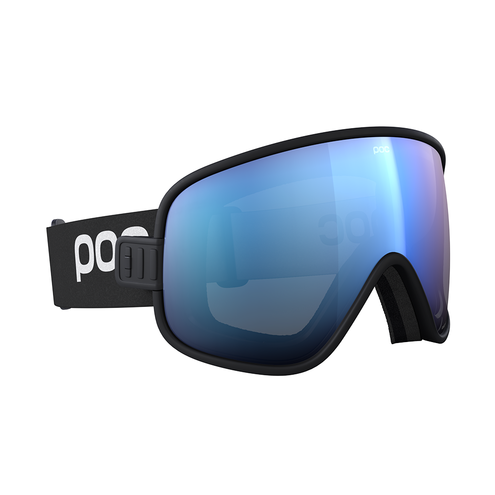 Side view of a black POC Vitrea Mid Ski Goggles featuring a shallow-angle toric Clarity lens, quick-change magnetic lens release mechanisms, dual-material frame, and triple-layer face foam.