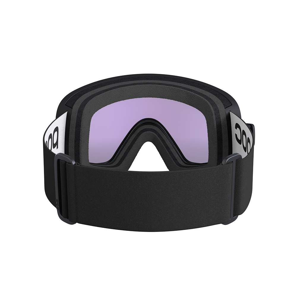 Rear view of a black POC Vitrea Mid Ski Goggles featuring a shallow-angle toric Clarity lens, quick-change magnetic lens release mechanisms, dual-material frame, and triple-layer face foam.