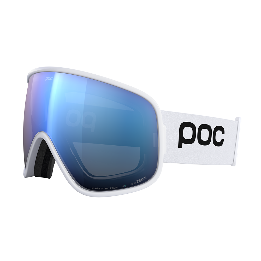 Side view of a white POC Vitrea Mid Ski Goggles featuring a shallow-angle toric Clarity lens, quick-change magnetic lens release mechanisms, dual-material frame, and triple-layer face foam.