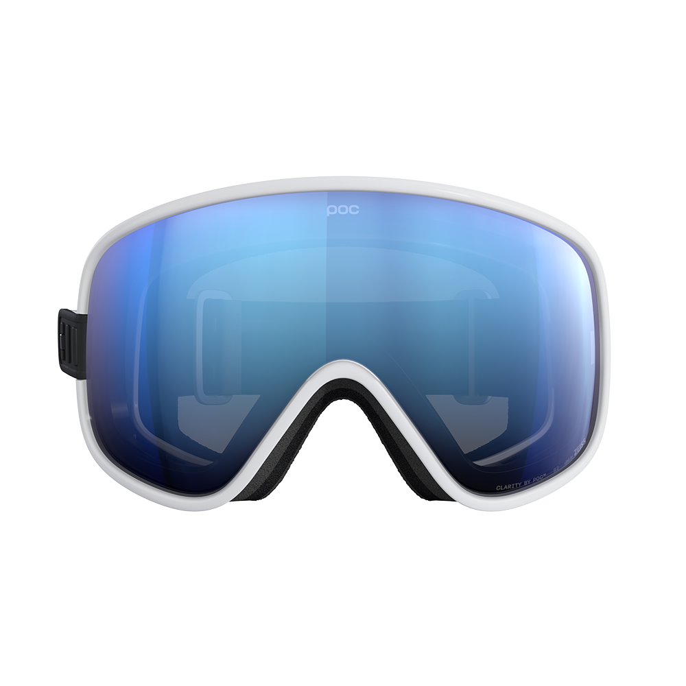 Front view of a white POC Vitrea Mid Ski Goggles featuring a shallow-angle toric Clarity lens, quick-change magnetic lens release mechanisms, dual-material frame, and triple-layer face foam.
