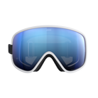 Front view of a white POC Vitrea Mid Ski Goggles featuring a shallow-angle toric Clarity lens, quick-change magnetic lens release mechanisms, dual-material frame, and triple-layer face foam.