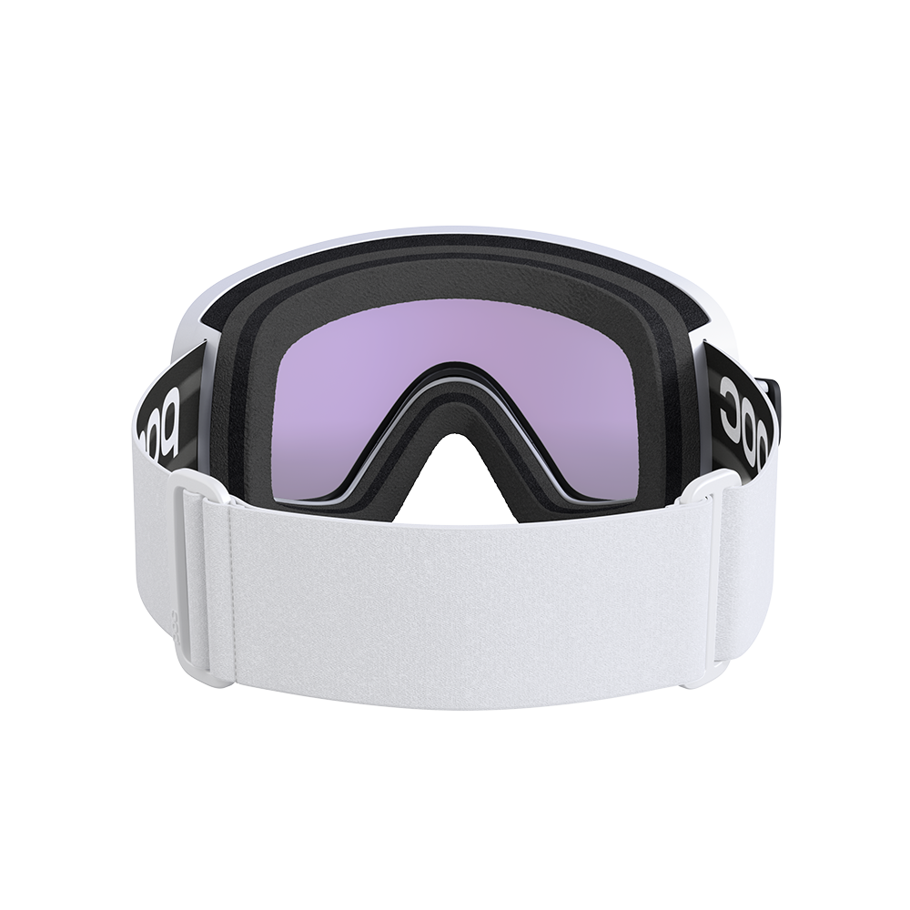 Rear view of a white POC Vitrea Mid Ski Goggles featuring a shallow-angle toric Clarity lens, quick-change magnetic lens release mechanisms, dual-material frame, and triple-layer face foam.