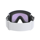 Rear view of a white POC Vitrea Mid Ski Goggles featuring a shallow-angle toric Clarity lens, quick-change magnetic lens release mechanisms, dual-material frame, and triple-layer face foam.