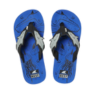 Pair of blue Reef Junior Ahi Blue Shark flip-flops with shark design and Reef logo on a white background
