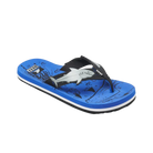 A blue Reef Junior Ahi Blue Shark flip-flop with shark design and Reef logo on a white background
