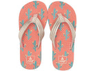 A pair of pink Reef Junior Ahi Cactus flip-flop sandals with green leaf pattern on a white background