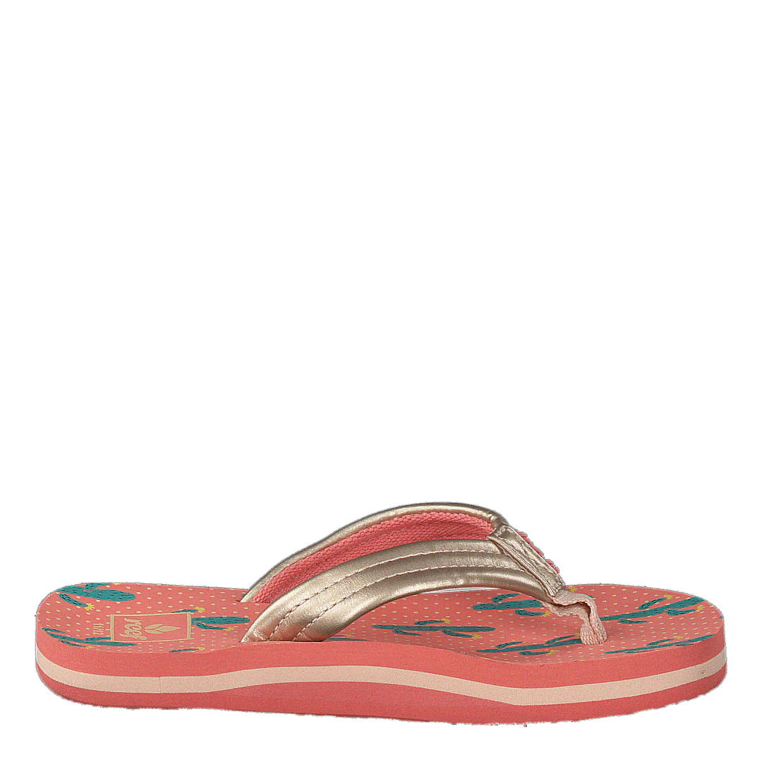 Pink Reef Junior Ahi Cactus flip-flop sandal with green leaf pattern on a white background