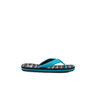A black Reef Junior Ahi Shaka Glow flip-flop with a white shaka pattern and blue straps on a white background