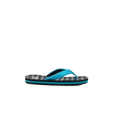 A black Reef Junior Ahi Shaka Glow flip-flop with a white shaka pattern and blue straps on a white background