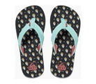 Pair of black and teal Reef Junior Ahi Snowcone flip-flops with colorful ice cream pattern and Reef logo on a white background