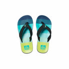 Blue and green Reef Junior Ahi Stripes flip-flop sandal on a white background