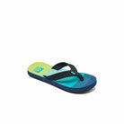 Blue and green Reef Junior Ahi Stripes flip-flop sandal on a white background
