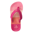 Pink and orange Reef Junior Ahi Stripes flip-flop sandal on a white background
