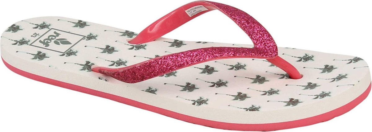 A Reef Junior Stargazer Palm Trees flip-flop with pink straps and palm tree pattern on a white background