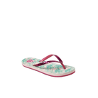 Pair of Reef Junior Stargazer Paradise flip-flops with pink straps and tropical leaf pattern on a white background