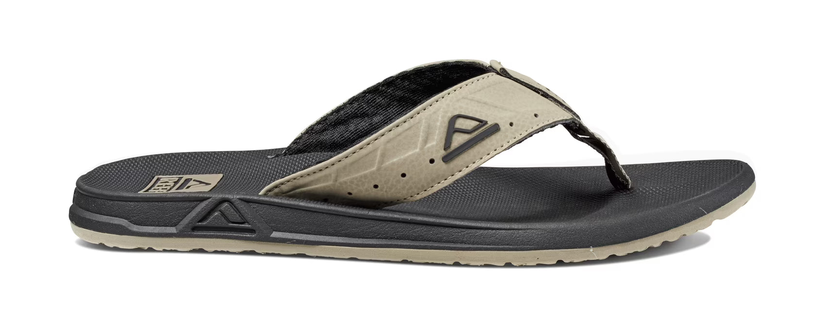 A Black and beige Reef Mens Phantoms sandal on a white background