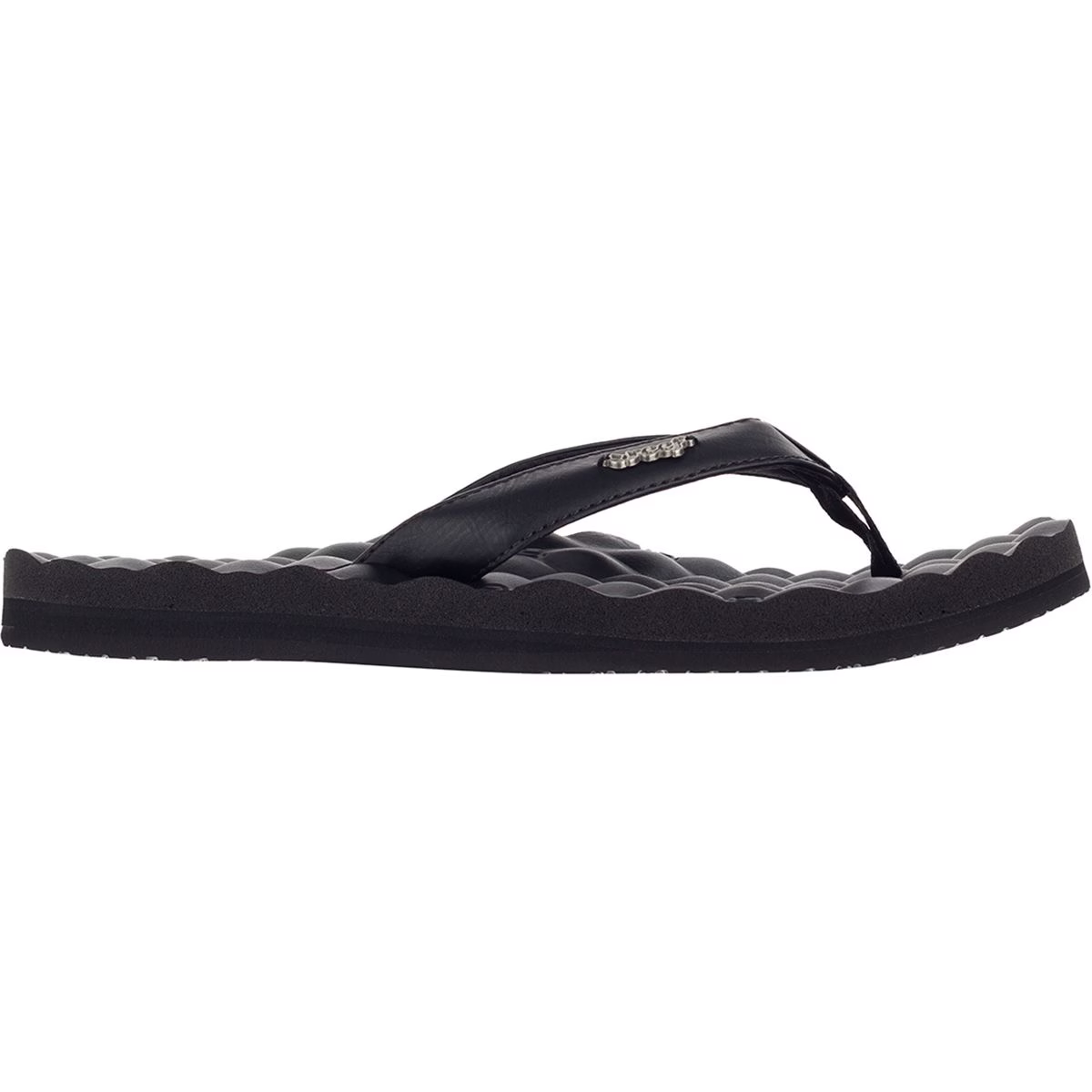 A black Reef Womens Dreams sandal that features a textured footbed on a white background