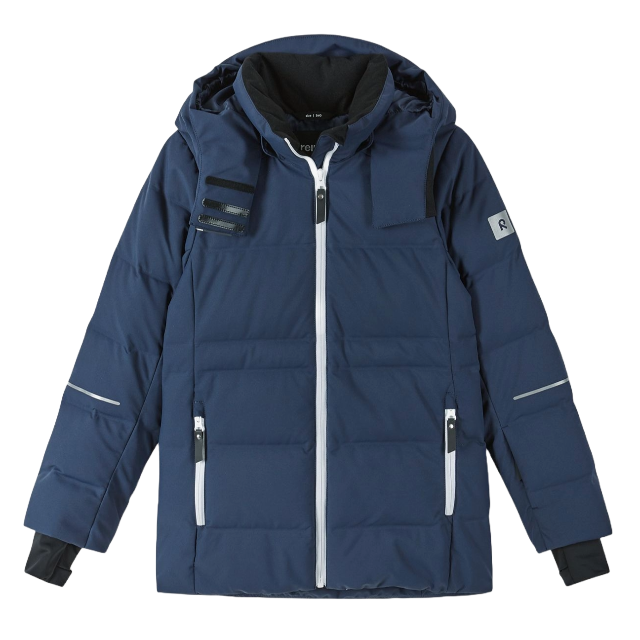 Reima JR Aligas Ski Jacket featuring waterproof construction, lightweight insulation, adjustable hood, snow skirt, and a junior-specific fit for winter adventures.