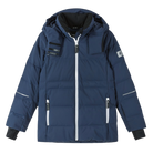 Reima JR Aligas Ski Jacket featuring waterproof construction, lightweight insulation, adjustable hood, snow skirt, and a junior-specific fit for winter adventures.