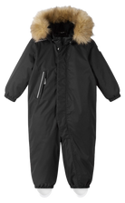 Reima JR Gotland One-Piece Ski Suit featuring waterproof construction, lightweight insulation, detachable hood, reinforced knees, and full-body winter protection.