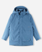 Reima JR Kaamanen Ski Jacket featuring waterproof construction, lightweight insulation, adjustable hood, snow skirt, and a junior-specific fit for winter adventures.