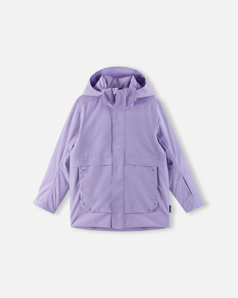 Reima JR Kaamanen Ski Jacket featuring waterproof construction, lightweight insulation, adjustable hood, snow skirt, and a junior-specific fit for winter adventures.