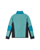 Rear view of an aquamarine Reima Laskien Fleece Sweater featuring a full-length zipper with chin guard, soft knit Seawool fabric, shaped ergonomic fit, and zippered chest pocket.