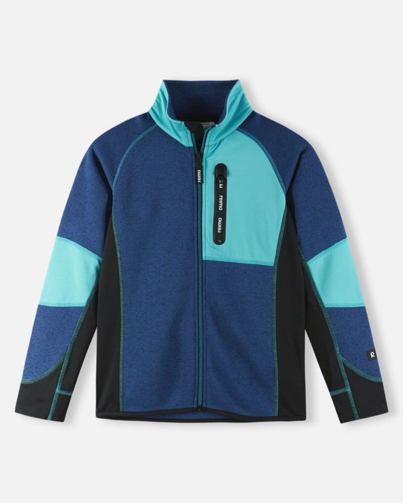 Reima JR Liukuen Sweater featuring lightweight fleece, half-zip collar, breathable fabric, and a junior-specific fit for skiing and winter activities.