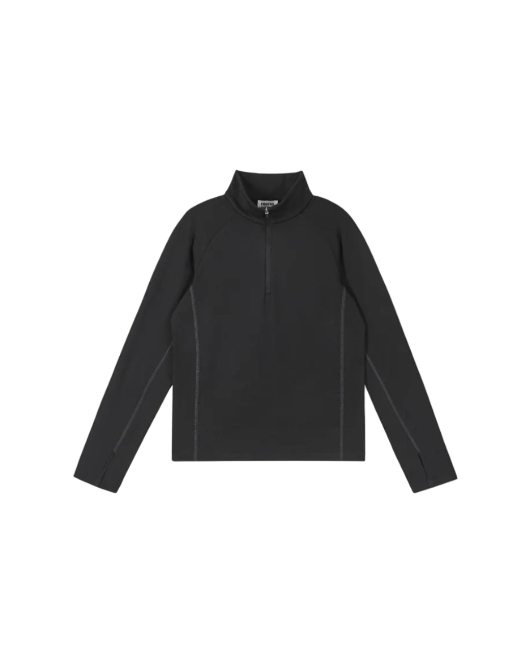 Front view of a black Reima Jr Meriol Fleece Sweater featuring a full-length zipper, soft Seawool knit fabric, smooth low-friction outer face, and extended cuffs with thumb holes.